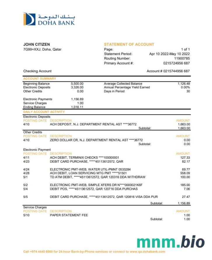 Qatar Doha Bank konto e-statement szablon Worda i PDF